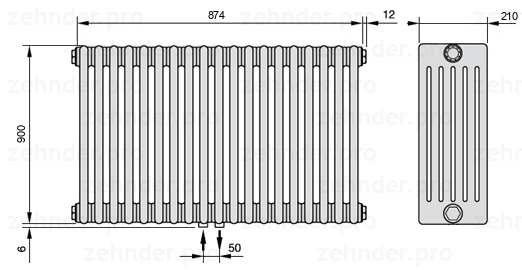 Схема (чертеж) Радиатор Zehnder Charleston 6090/19 №3470 Белый глянцевый RAL 9016